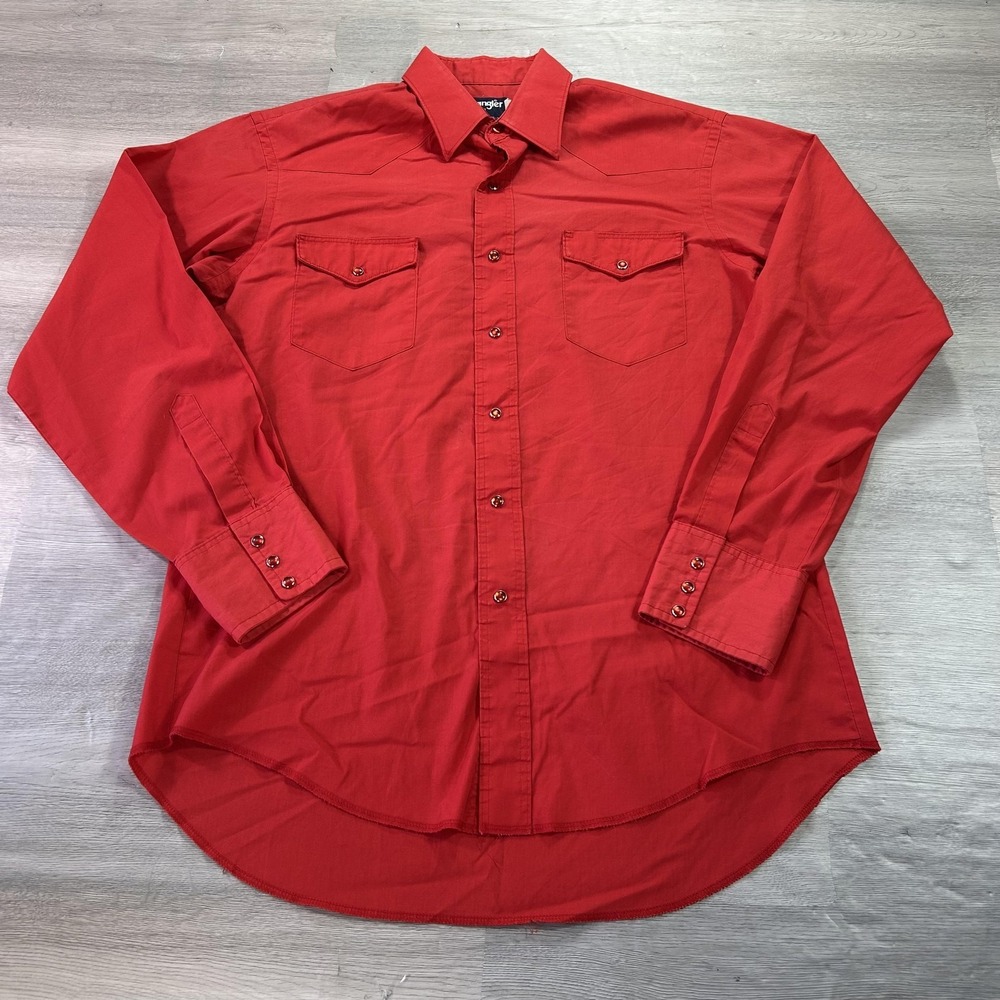VINTAGE Wrangler Shirt Mens Large Red Cowboy X-Long Tails Western Pearl Snap USA